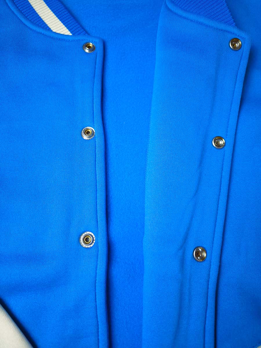 prosperitee custom made varsity jacket blue color button