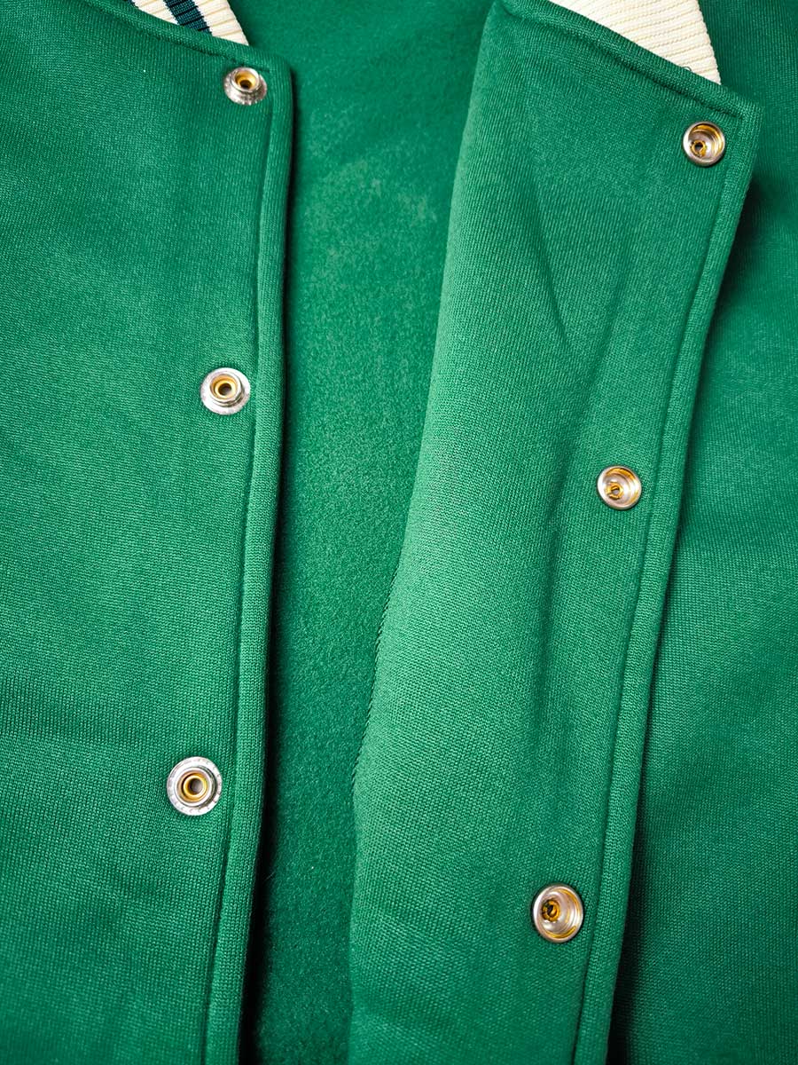 prosperitee custom made varsity jacket green color button